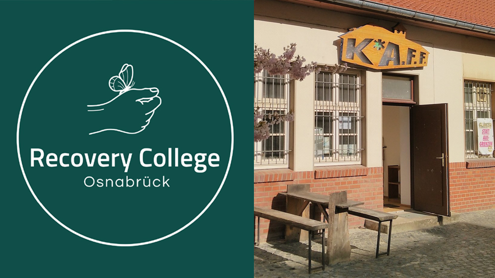 Logo vom Recovery College Osnabrück und Hauseingang vom Veranstaltungsort